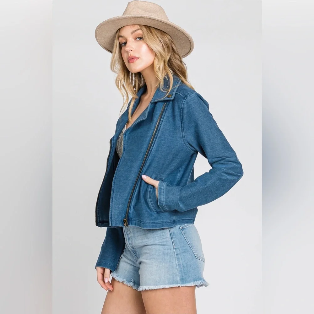 Knit Denim Biker Moto Jacket in Blue - Picture 6 of 10